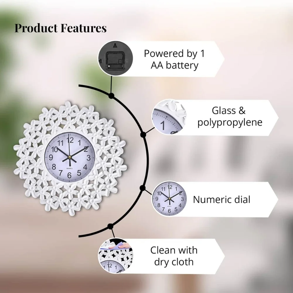 White Embossed Floral Design Clock Battery Operated - NWOB